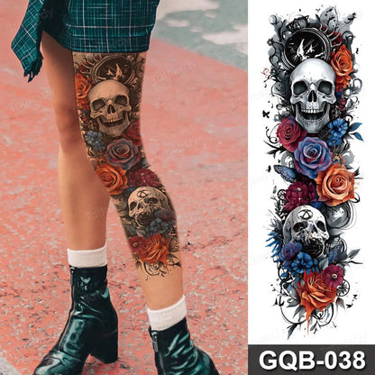 Full Arm Dragon Skull Tattoo Sleeve - Waterproof Temporary Body Art Sticker with Clock Compass Flower Design for Men & Women