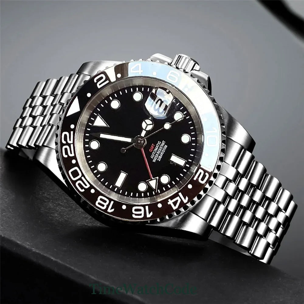 Tandorio 40mm Men’s Automatic Watch – NH34A Movement, GMT Function, Luminous Black Dial, Sapphire Crystal, Auto Date & Rotating Bezel
