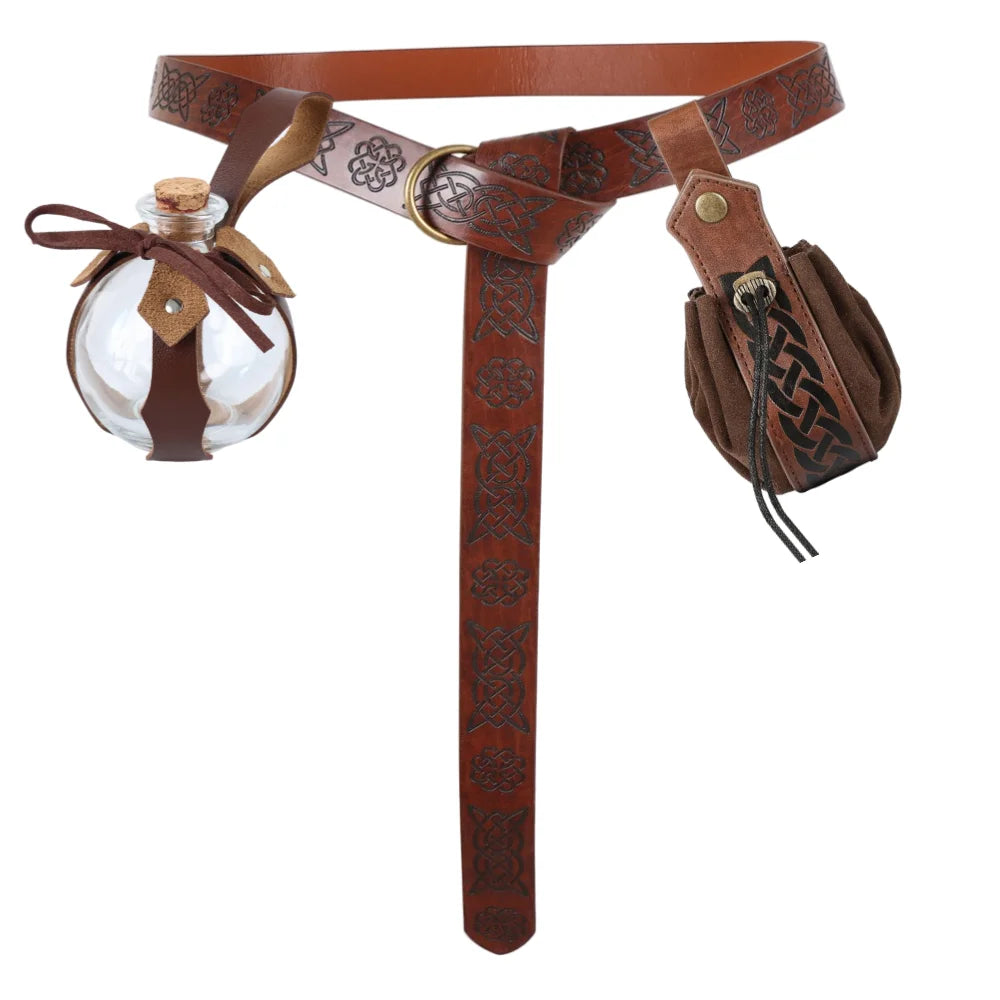 Medieval Elf Leaf Leather Belt Set – Glass Magic Bottle Case, Embossed Retro Leather Accessories for Halloween & Cosplay