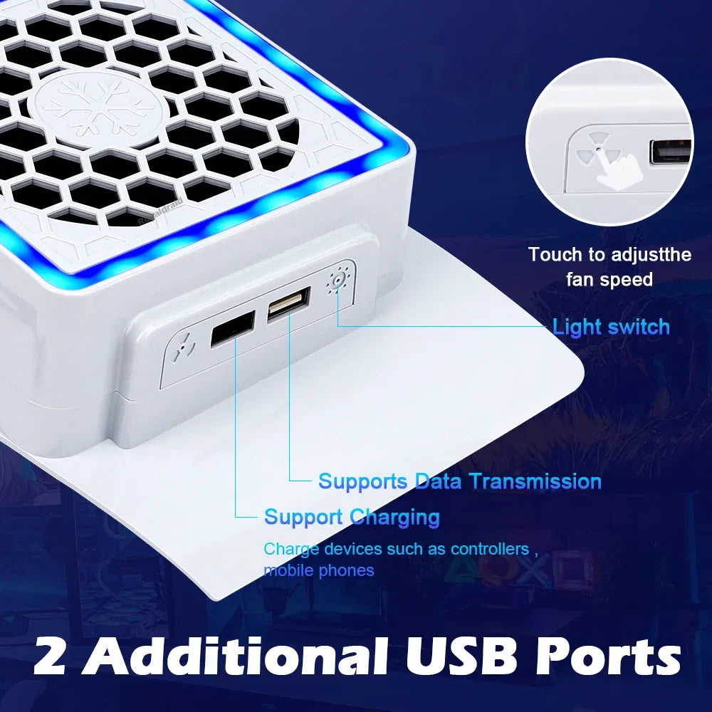 NEW Side-Mounted Cooling Fan for PS5 Slim – LED Light & 2 USB Ports Game Console Cooler Accessory