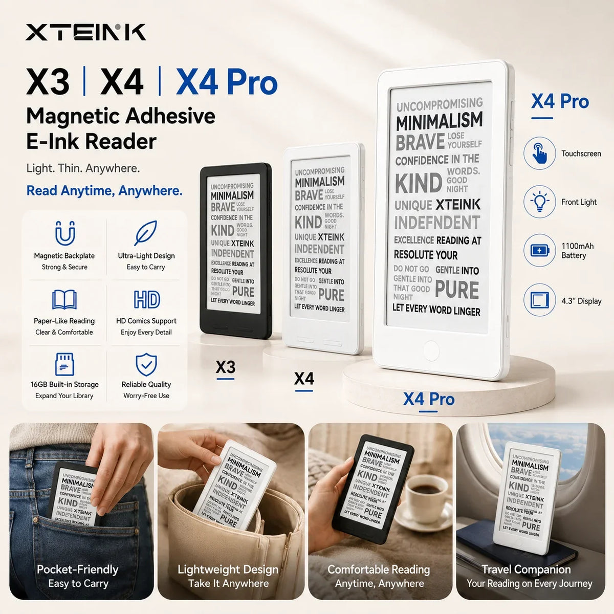 XTEINK X4Pro E-Reader - 3.7-Inch Portable E-Ink Reader with 16GB Storage & High-Resolution Display