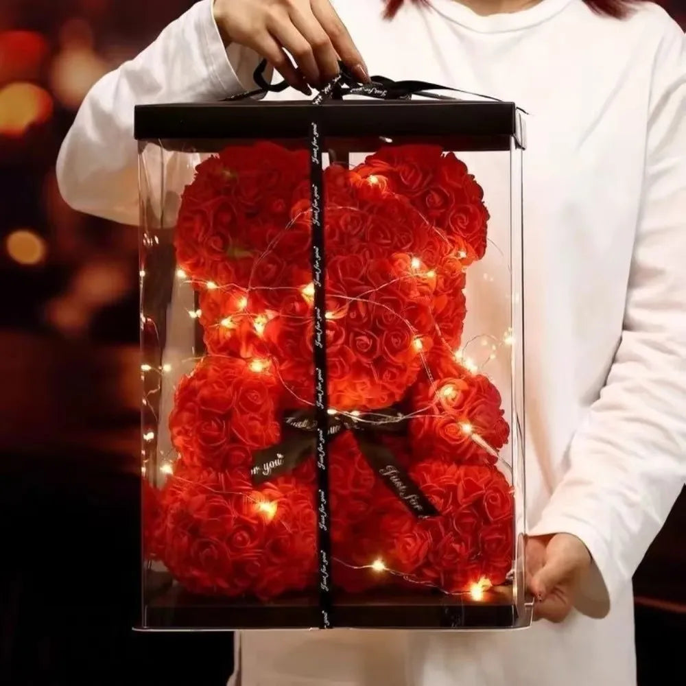 25cm Teddy Bear with Artificial Roses in Box – Romantic Valentine’s Day & Anniversary Gift for Women