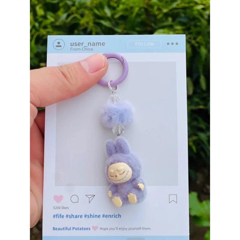 Labubu Mini Flocking Doll Keychain – Standing & Sitting Car, Bag, Phone, Backpack Charm Gift