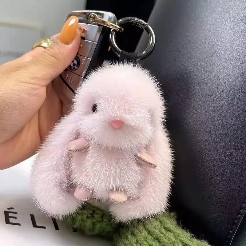 Fluffy Bunny Keychain - Big-Eyed Plush Ears Car Keyring & Cute Bag Charm
