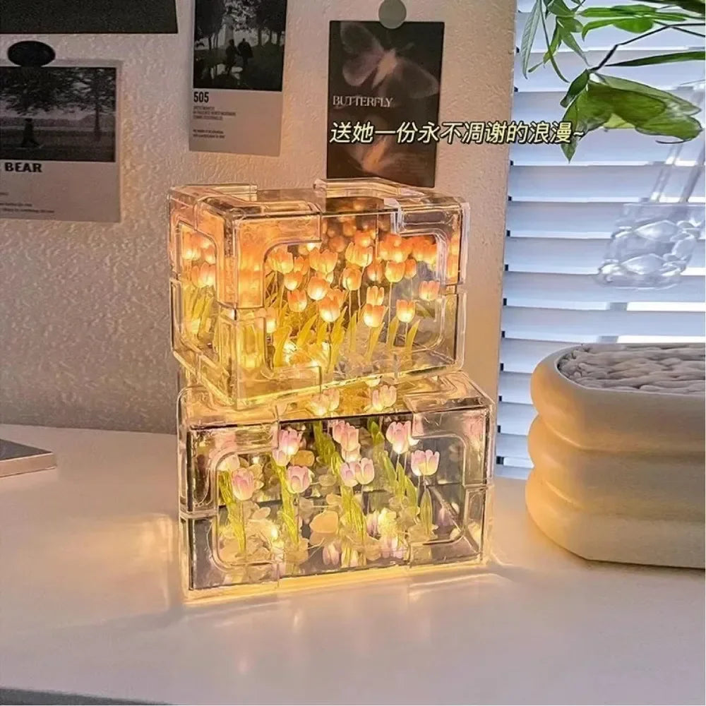 Creative DIY Tulip Flower Sea Cube Night Lamp Kit – 3D Material Package, Perfect Gift for Girlfriend or Couple