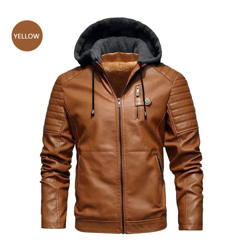 Fashion Men’s Hooded Faux Leather Jacket – Military Style Motorcycle Outwear with Zipper Pockets, Autumn Winter Coat