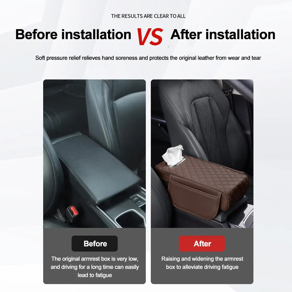 Car Center Console Protector Mat – Thick Memory Foam Armrest Cushion with Tissue Storage Pocket