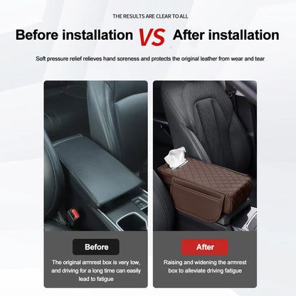 Car Center Console Protector Mat – Thick Memory Foam Armrest Cushion with Tissue Storage Pocket