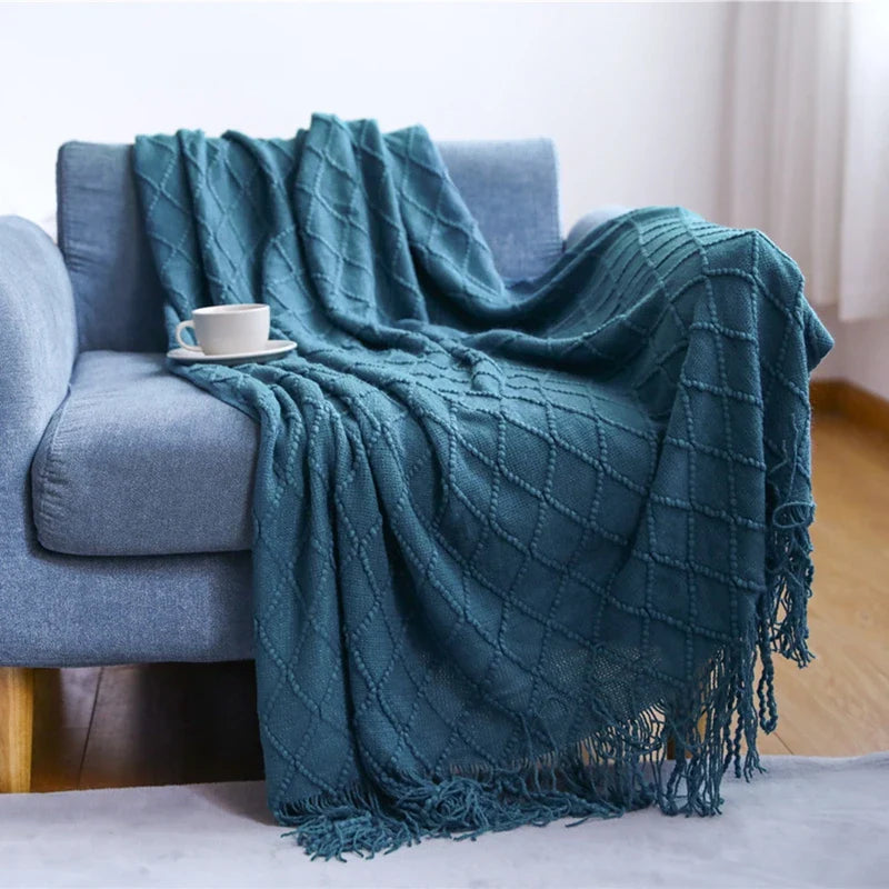 White Boho Throw Blanket – Textured Chunky Knitted Vintage Luxury Bedspread, Sofa Cover Manta Para Sofá