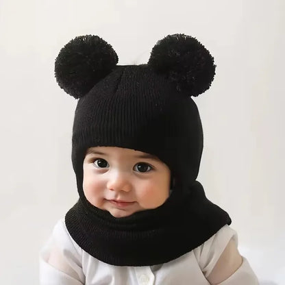 Kids Winter Hooded Knitted Hat - Warm Double-Ball Cap with Ear & Neck Protection