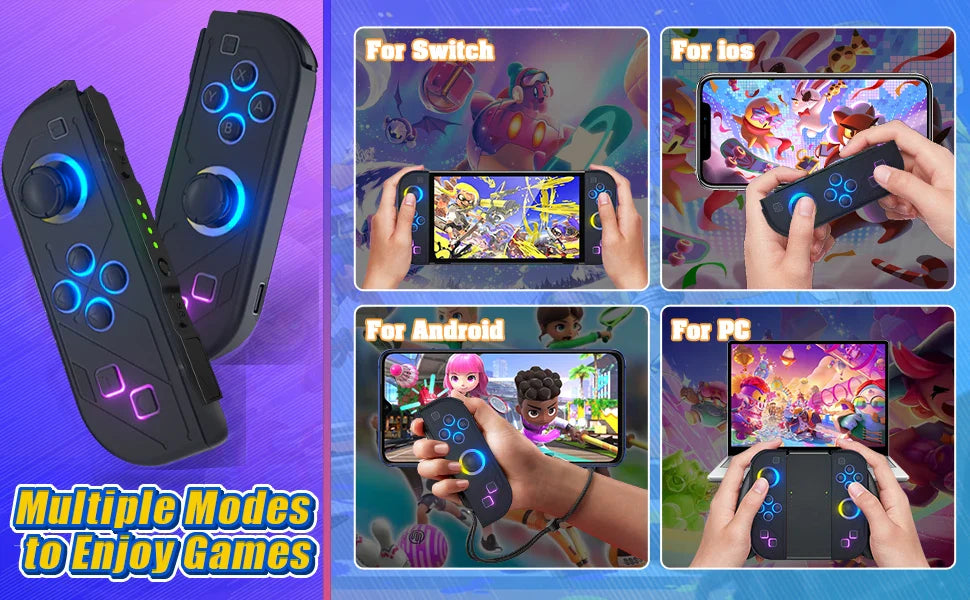 BT 5.2 Wireless Switch Joy Controller — L/R RGB LED Gamepad for Nintendo Switch/OLED/Lite with Dual Vibration & 6-Axis