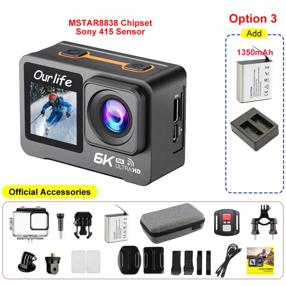 6K 4K60FPS Action Camera – 50MP Dual Screen, 2.0" Touch LCD, EIS, WiFi, 170° Lens, 30M Waterproof, 5X Zoom with Remote