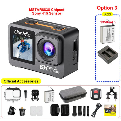 6K 4K60FPS Action Camera – 50MP Dual Screen, 2.0" Touch LCD, EIS, WiFi, 170° Lens, 30M Waterproof, 5X Zoom with Remote