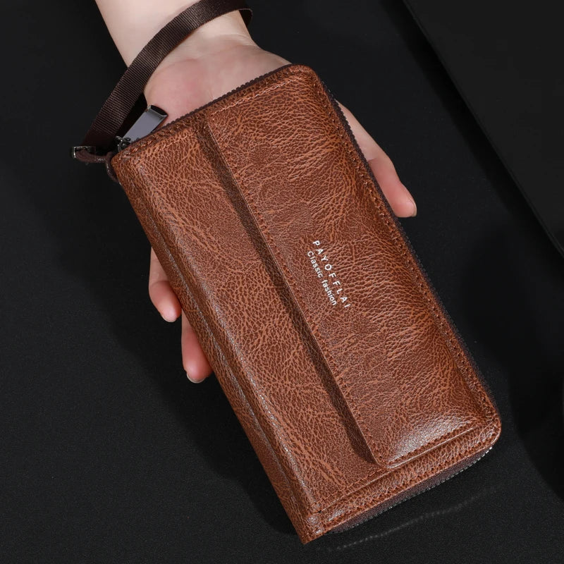 Men's PU Leather Zipper Wallet – Large Capacity Clutch Bag with Phone Holder, Card Slots & Coin Pocket
