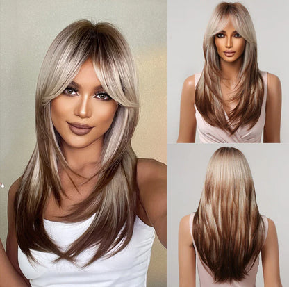 ALAN EATON Blonde Layered Synthetic Wig with Bangs – Long Straight Heat-Resistant Wig for Women & Girls, Natural Daily Hair