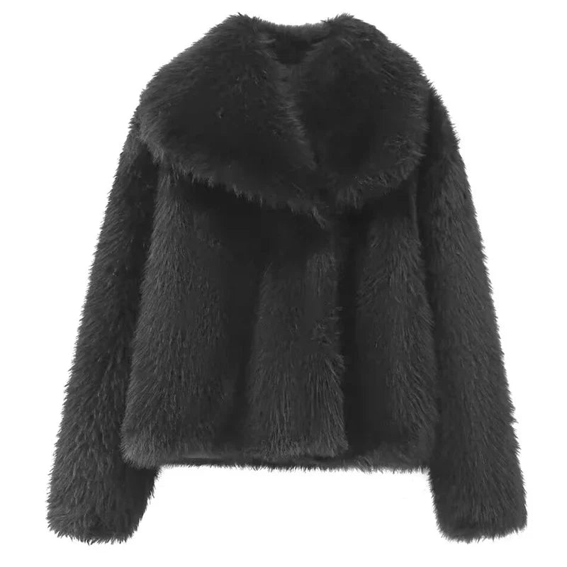 HXAO Women's Fur Coat – 2024 Plush Burgundy Bomber Jacket, Solid Crop Long Sleeve Warm Winter Casual Coat