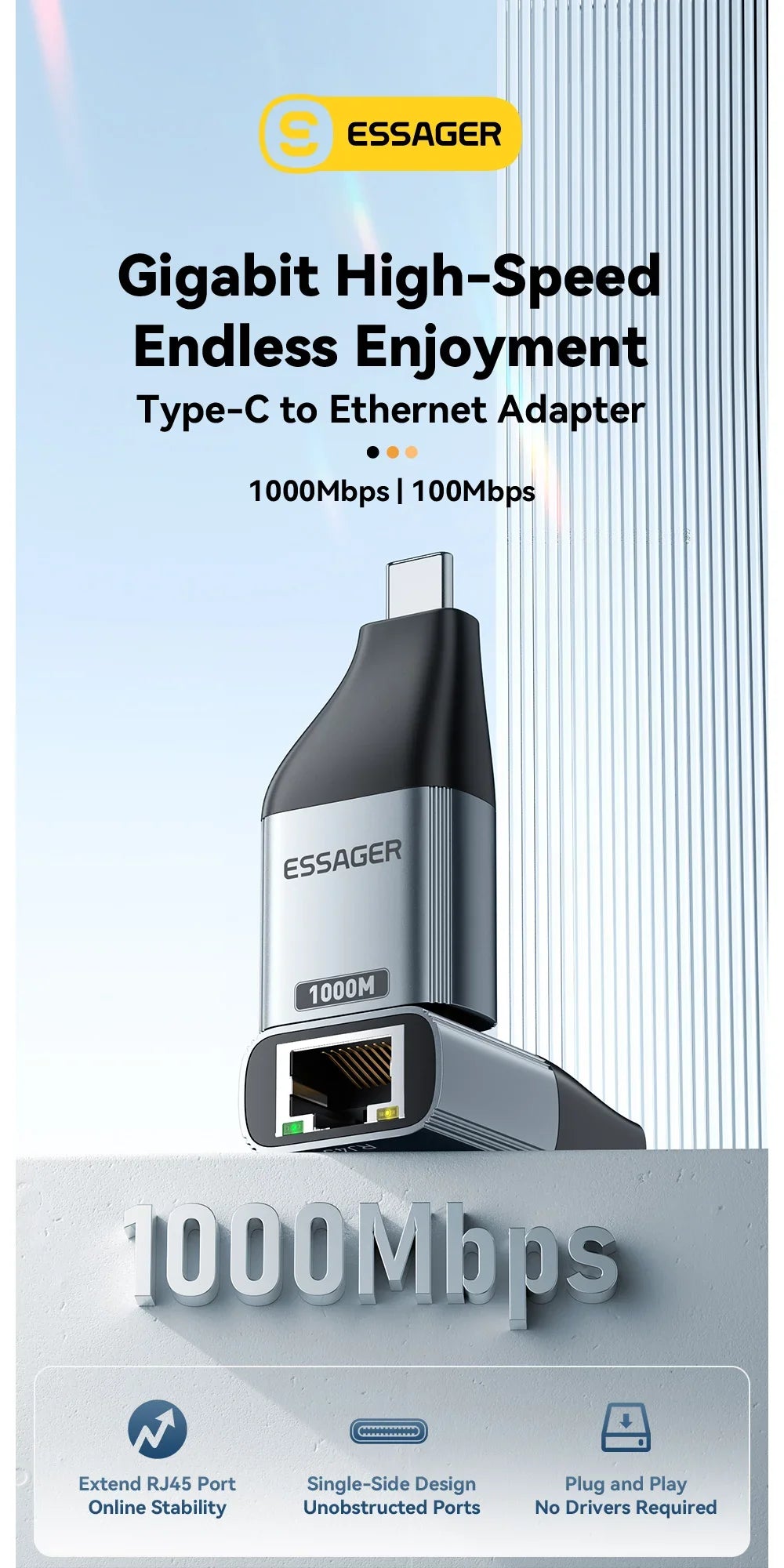 Essager Type-C to Ethernet Adapter – 100/1000Mbps Gigabit RJ45 to Type-C Adapter for MacBook, Laptop Wired Network Card
