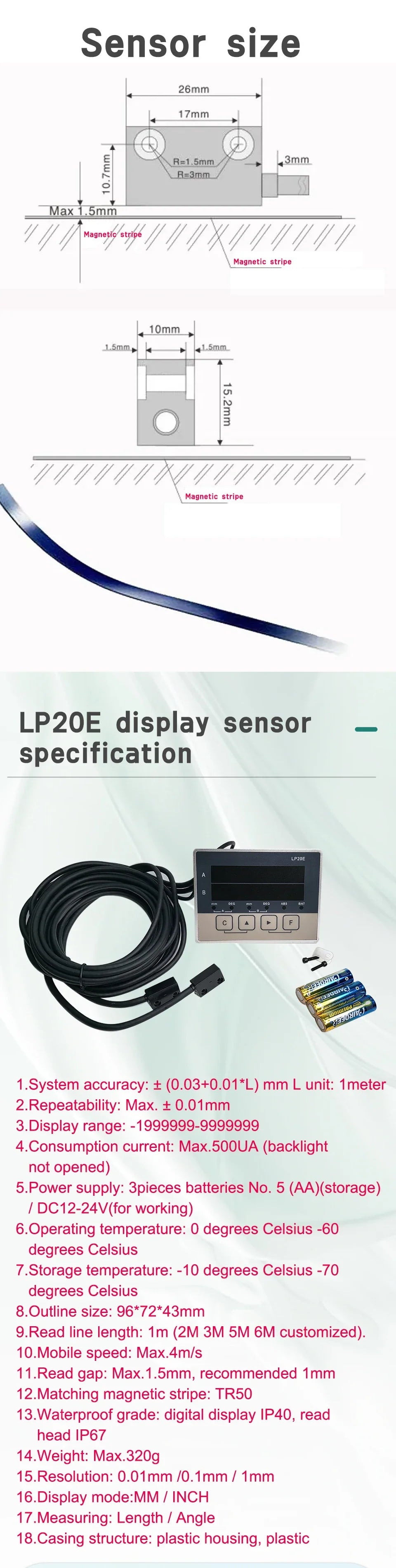 LP20E 2-Axis Digital DRO – Magnetic Sensor Tape Displacement Readout Scale for CNC Lathe & Woodworking Machines