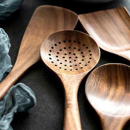 Wood Kitchenware Cooking Set – Household Spatula, Spoon, Fork & Salad Utensils with Storage Bucket
