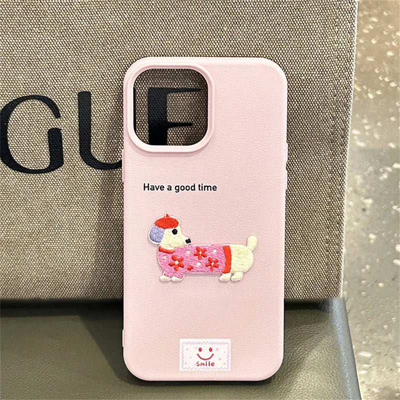 Cute Cartoon Dachshund iPhone Case – Litchi Texture Cover for iPhone 11–17 Pro/Pro Max/Plus/XS Max/XR