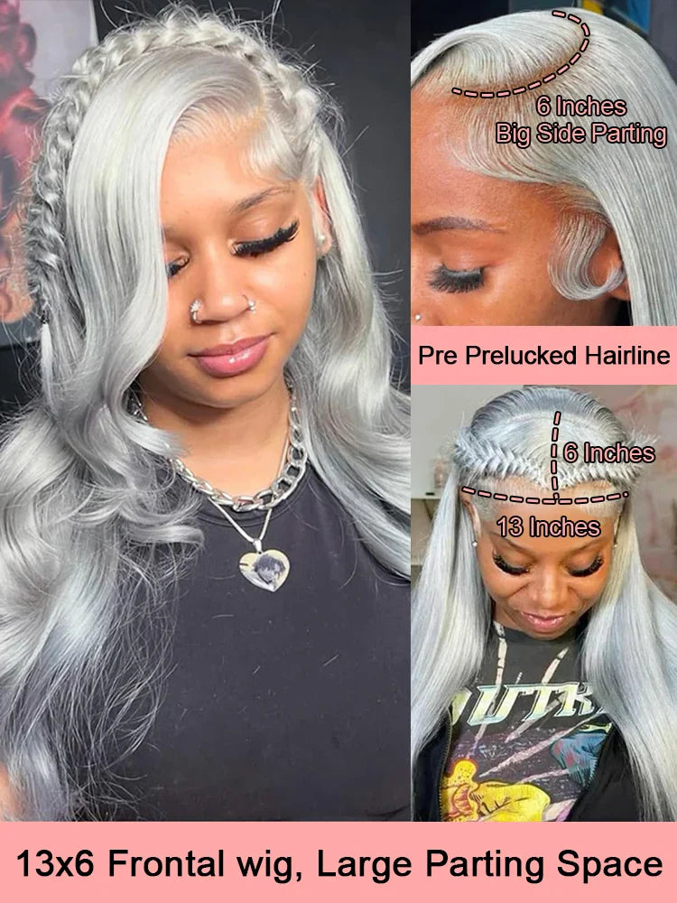 13x6 Silver Grey Body Wave Lace Front Wig – 100% Human Hair, Preplucked 13x4 Lace Frontal Brazilian Wig, 36 Inch