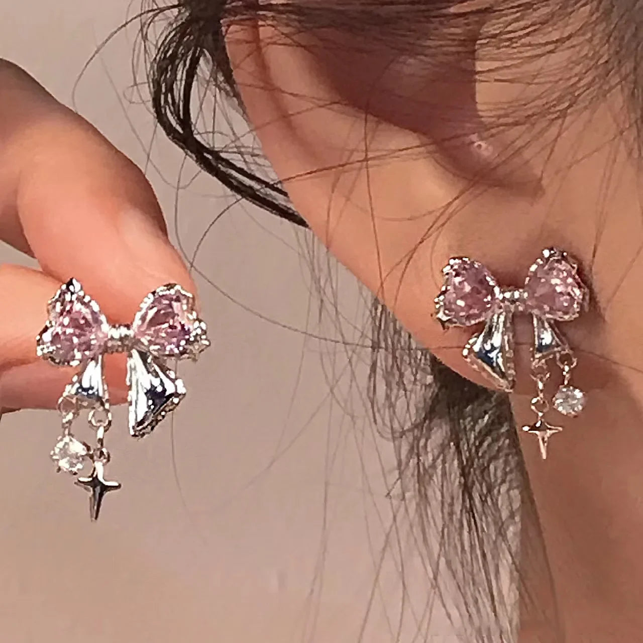 Y2K Bowknot Zircon Stud Earrings - Pink Crystal Silver-Tone Party Jewelry for Women