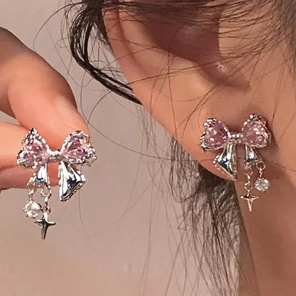Y2K Bowknot Zircon Stud Earrings - Pink Crystal Silver-Tone Party Jewelry for Women