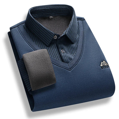 Men's Fleece Lined Polo Sweater - Fake Two-Piece Thick Winter Business Casual Pullover Top
