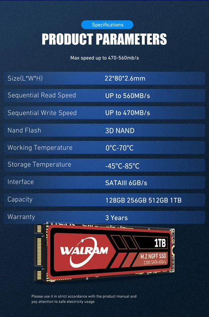 WALRAM M.2 NGFF SATA SSD — 128GB-1TB 2280 Internal Solid State Drive for PC, Desktop & Laptop
