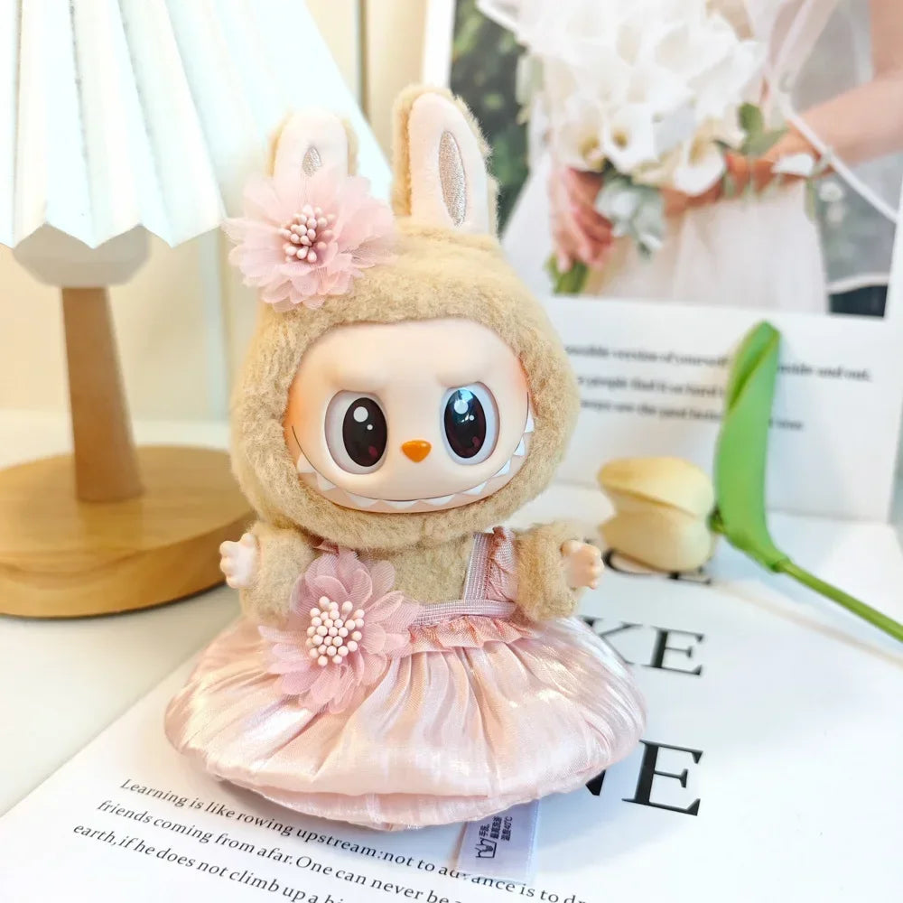 Mini Plush Doll Clothes Bud Skirt with Pearl Hair Accessory — Labubu I & II Kpop Idol Doll DIY Outfit Gift