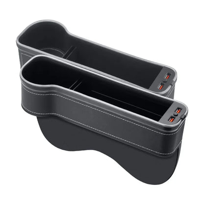 Car Crevice Storage Box with 2 USB Chargers & LED Light – Seat Gap Organizer for Phone, Cards, Bottles, and Cups