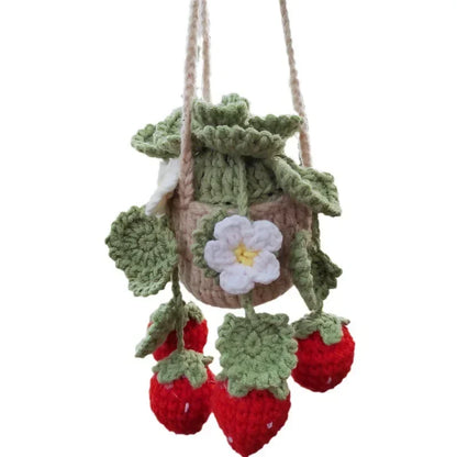 Cute Crochet Potted Plants Car Basket – Hanging Car Decor & Rear View Mirror Ornament Accessories
