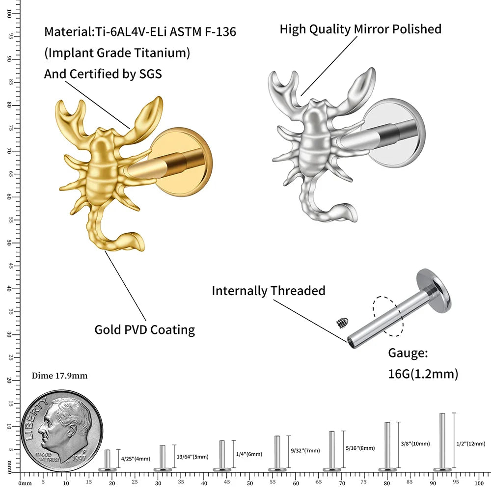 Right Grand ASTM F136 Titanium 16G Scorpion Labret Stud Earring – Flatback Zodiac Design for Tragus, Helix & Cartilage Piercing Body Jewelry