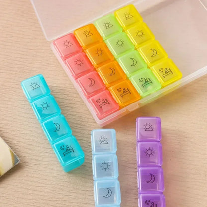 21/28-Grid Pillbox Storage — Portable Weekly 7-Day Medication Organizer, Plastic Pill Container Case