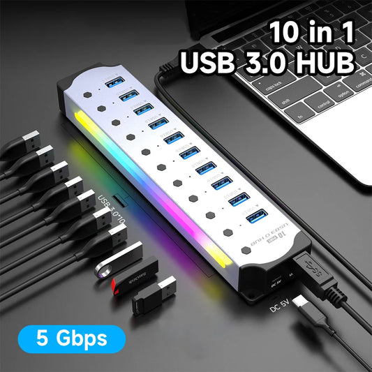 10-in-1 USB 3.0 Powered Hub — RGB E-Marker with Individual Switches & Heat Dissipation, DC 5V Adapter