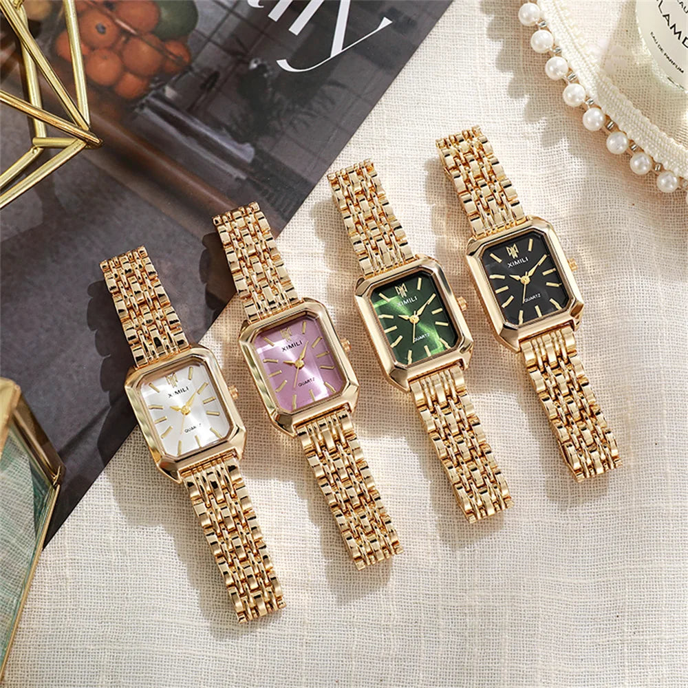 Luxury Women's Square Quartz Watch – Gold-Plated Stainless Steel Business Timepiece