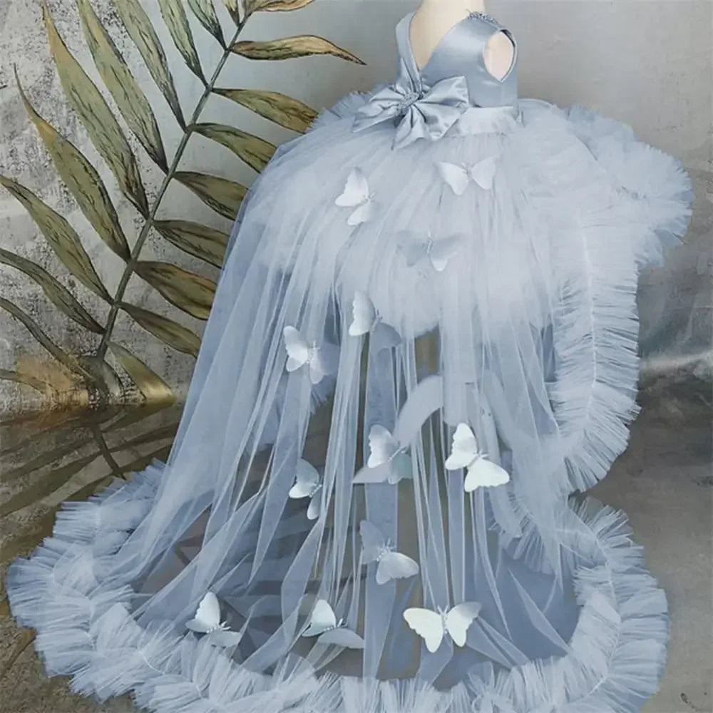 Pink Flower Girl Dress with Train - Puffy Bow Birthday and First Communion Dress