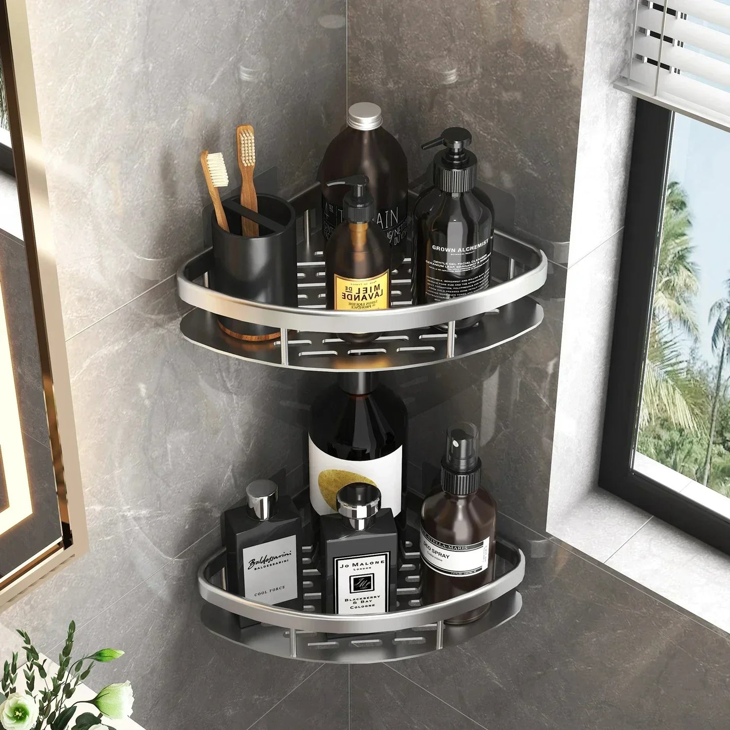 Aluminum Alloy Bathroom Shelf - No-Drill Kitchen and Shower Storage Organizer for Shampoo and Accessories