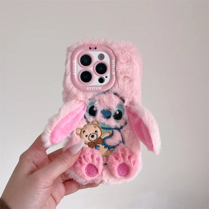 3D Cute Stitch Ear Plush Phone Case – Fluffy Shockproof Cover for iPhone 13–17 Pro Max & Plus