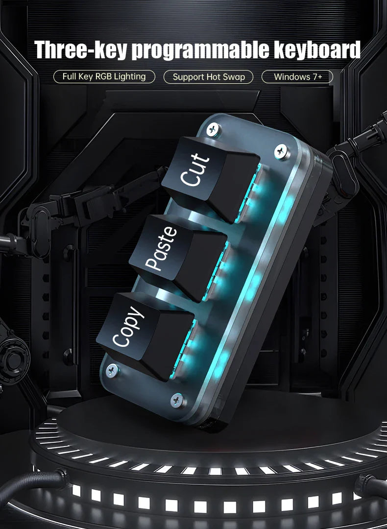 RGB 3-Key Mini Macro Keyboard — Hotswap Keypad for Photoshop, Gaming & Programming