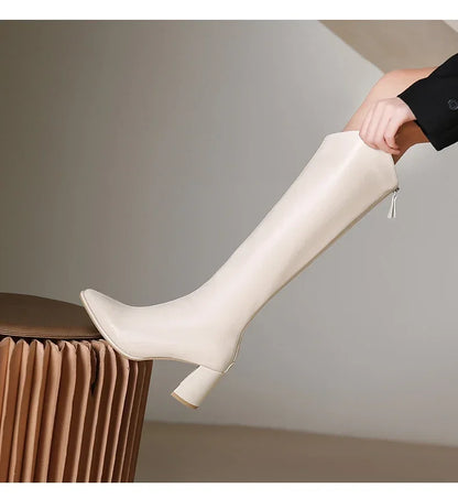 Plus Size 34-43 Women's Knee-High Boots – Zipper Thick High Heels for Autumn & Winter