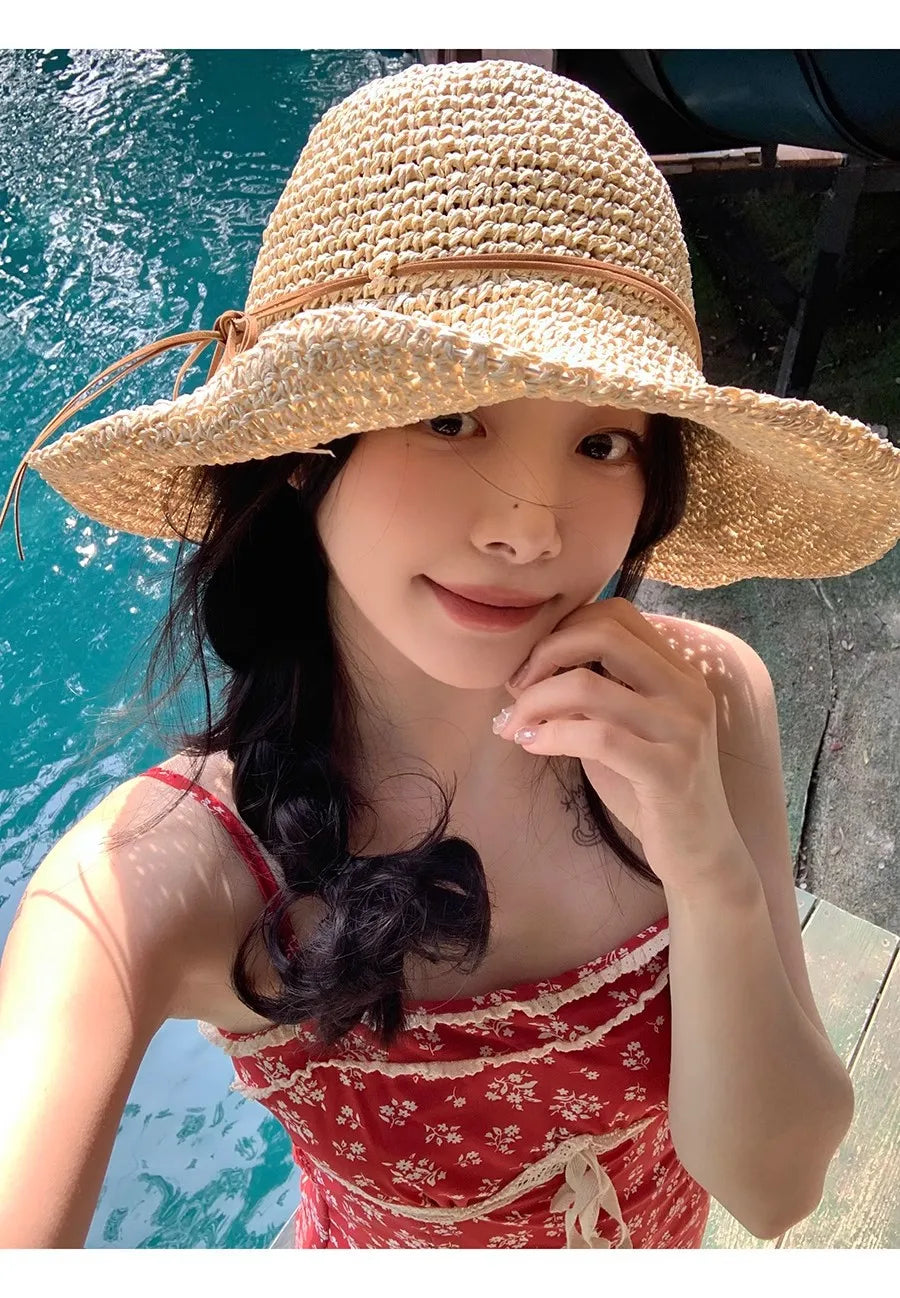 Women’s Holiday Beach Sun Hat – Large Brim Woven Straw Fisherman Hat with Bow, Seaside Sun Protection Panama Chapeau Korean Style