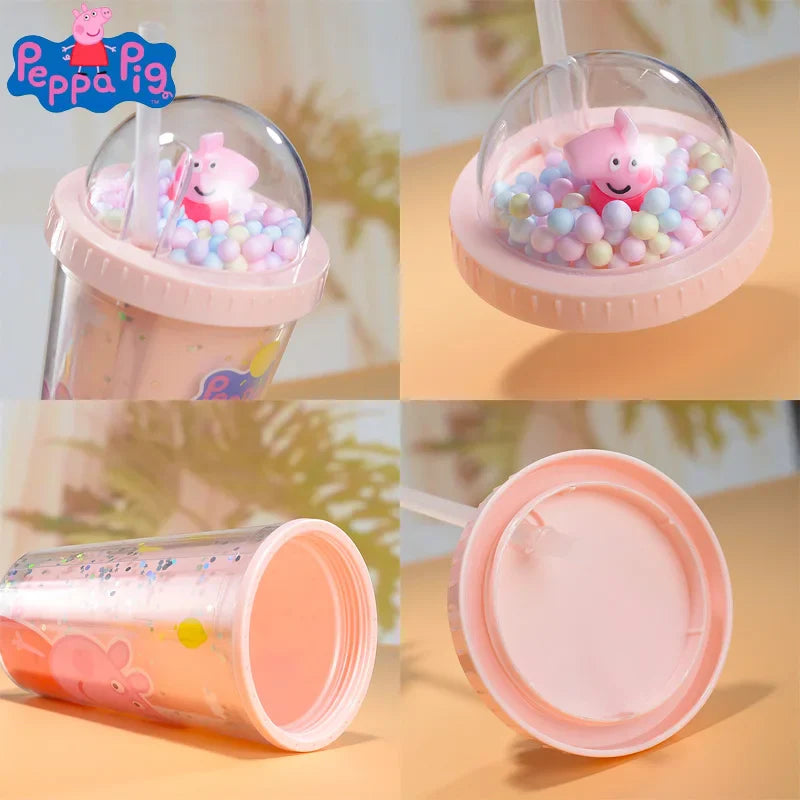 450ML Peppa Pig Plastic Water Bottle – Double-Layer Tumbler with Straw, George Pig Design, Gift for Girls