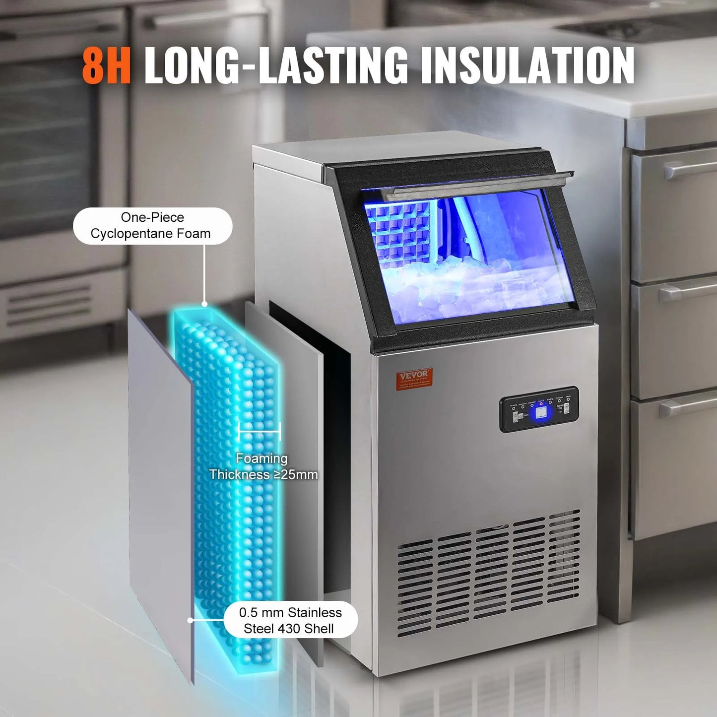 VEVOR Commercial Ice Maker – 100LB/24H, 45 Ice Cubes in 12-15 Mins, Freestanding with LED Display