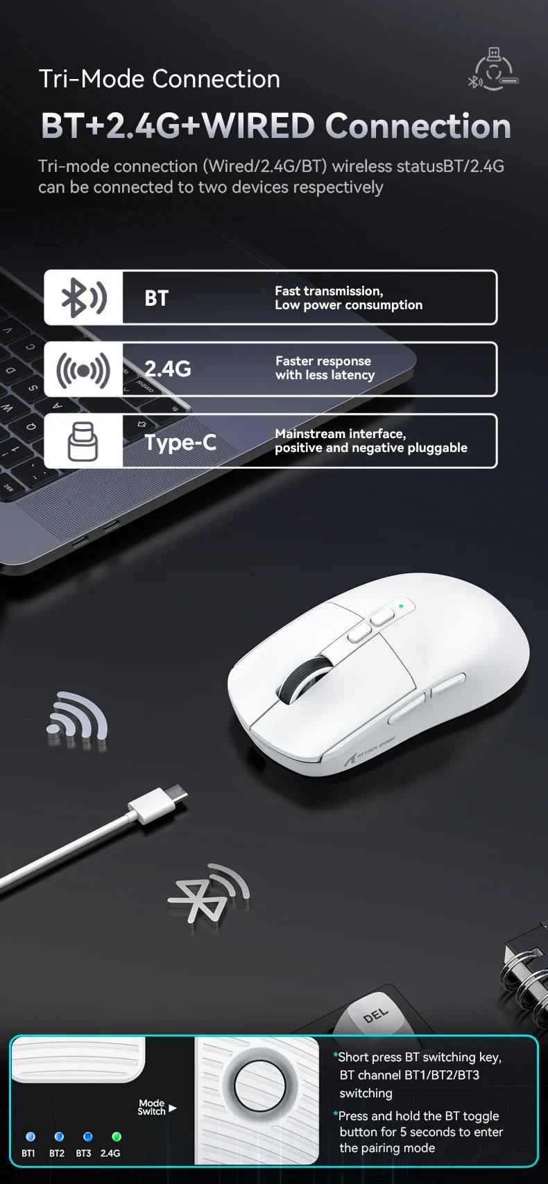 Attack Shark X6 PAW3395 Bluetooth Gaming Mouse — Tri-Mode Connection with RGB Touch, Magnetic Charging Base & Macro Functions