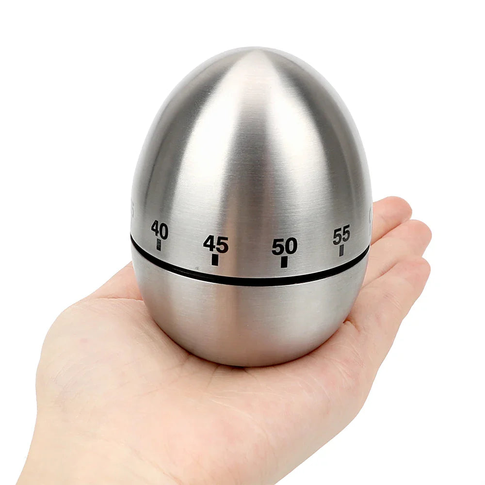 Stainless Steel Kitchen Timer - Cute Egg Shaped Mechanical Alarm Clock for Cooking - 60 Minutes Countdown
