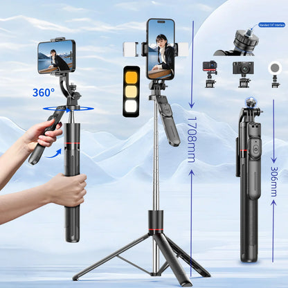 MEUYAG Selfie Stick Tripod – 1708mm Monopod with Fill Light, Bluetooth Remote, 360° Rotation & 1/4” Interface for Mobile Phones