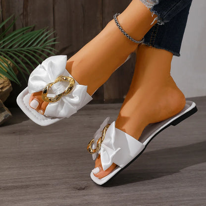 Women's Bow Flat Slippers - Comfortable Square-Toe Anti-Slip Summer Slides