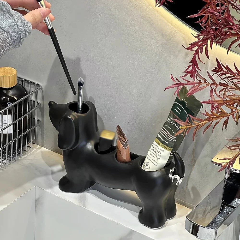 Dachshund Ceramic Toothbrush Holder – Electric Toothbrush Storage Rack and Bathroom Sink Organizer with Toothpaste Holder