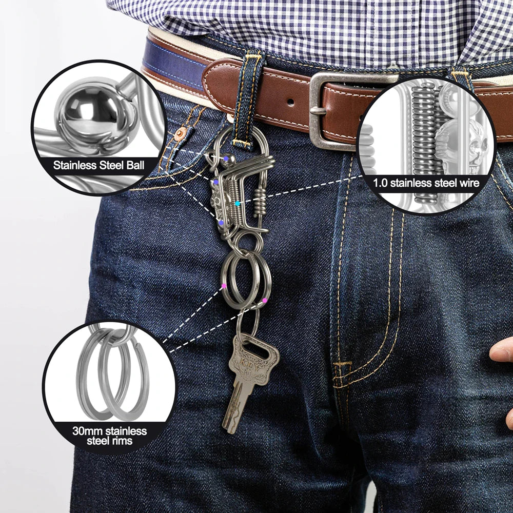 Stainless Steel Skull Keychain — Handmade Matte Round Bead Charm, Mechanical Car Key Ring for Men